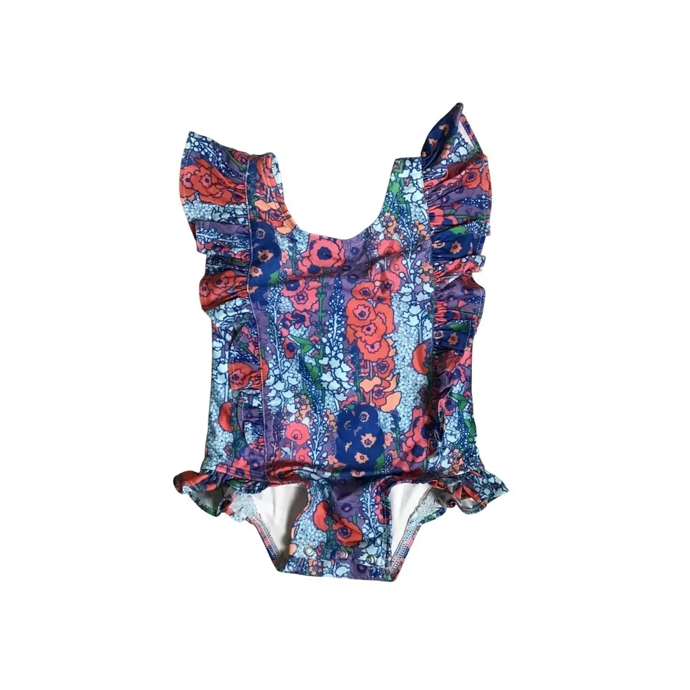 Kate Quinn Baby Vivid Hollyhocks Snap Side Ruffle Tank Swimsuit 12-18M NWT